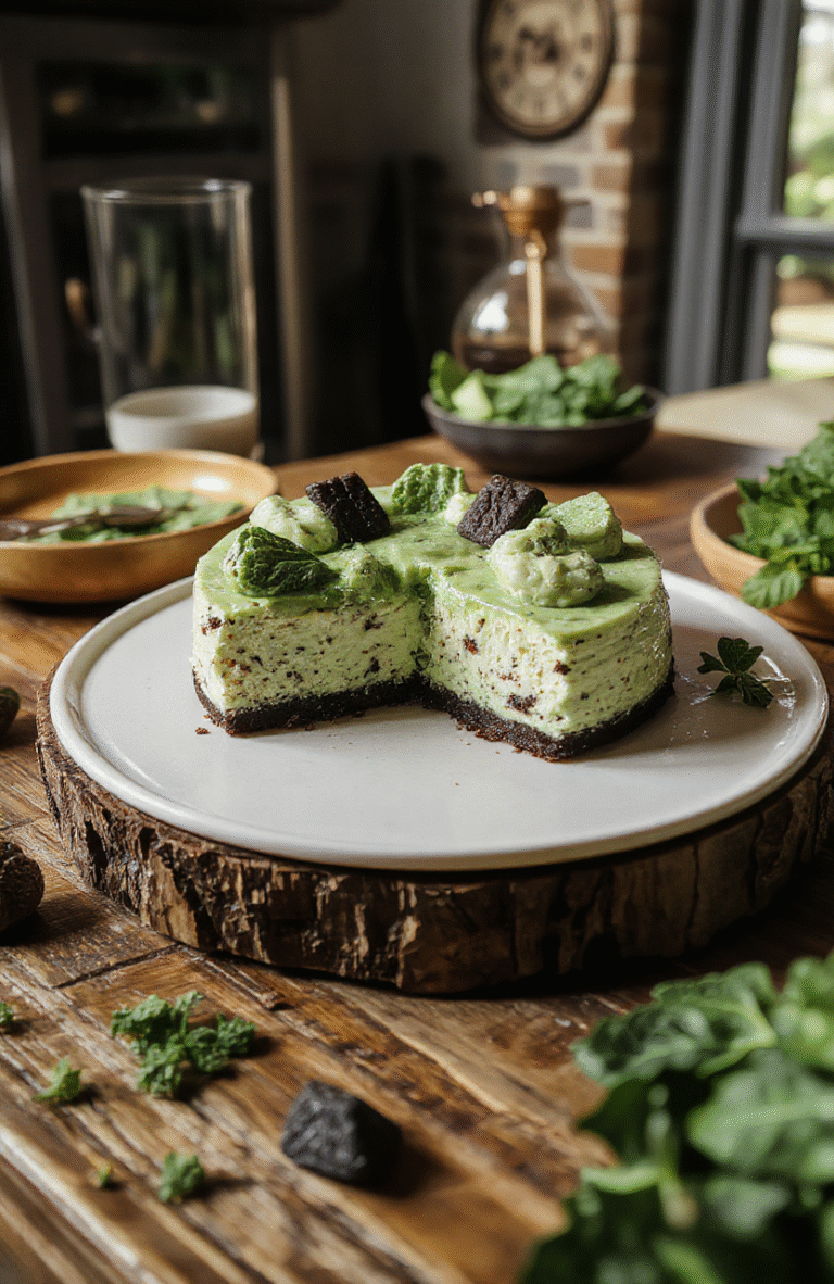 A vibrant green mint cheesecake topped with a glossy emerald glaze, garnished with fresh mint leaves, placed on a rustic wooden platter, with a smooth creamy texture contrasted by a shiny finish, styled with subtle hints of Hogwarts-inspired décor and dark mystical elements.