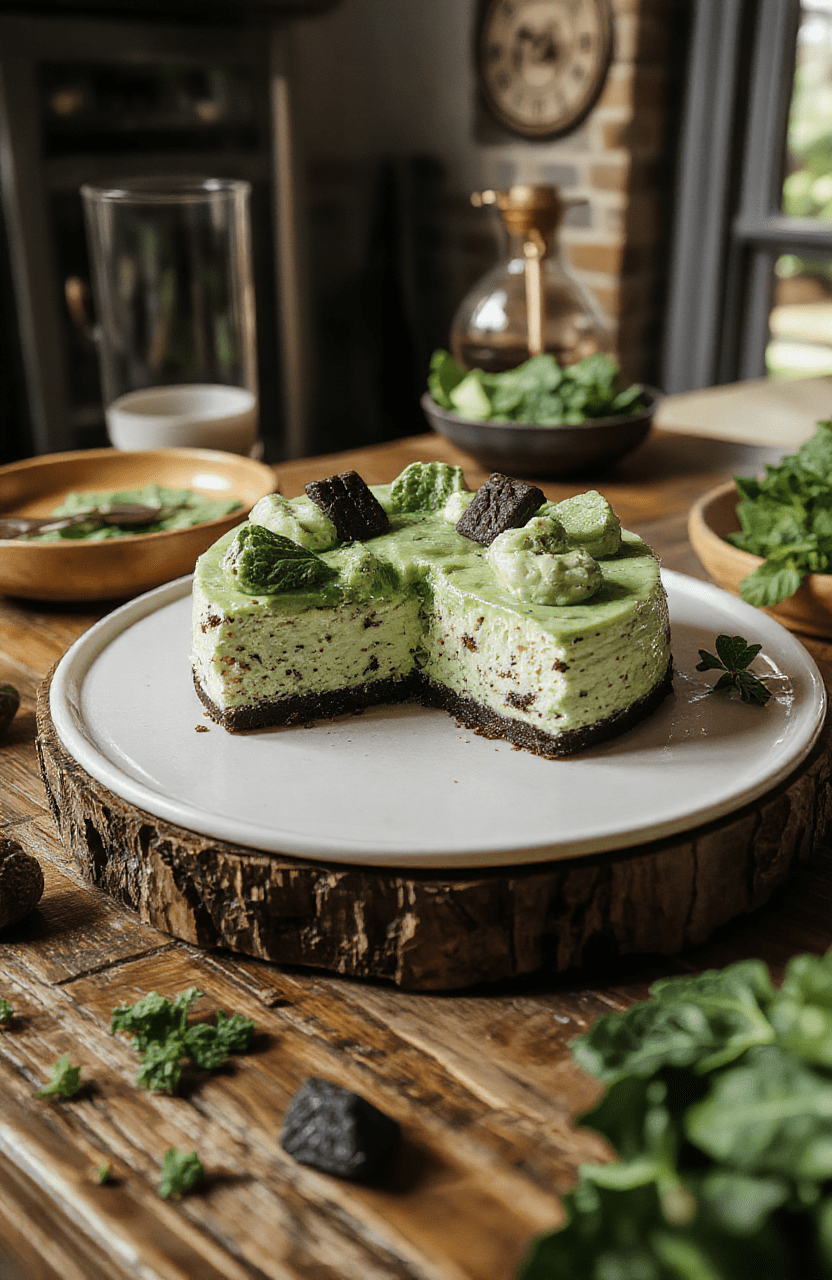A vibrant green mint cheesecake topped with a glossy emerald glaze, garnished with fresh mint leaves, placed on a rustic wooden platter, with a smooth creamy texture contrasted by a shiny finish, styled with subtle hints of Hogwarts-inspired décor and dark mystical elements.