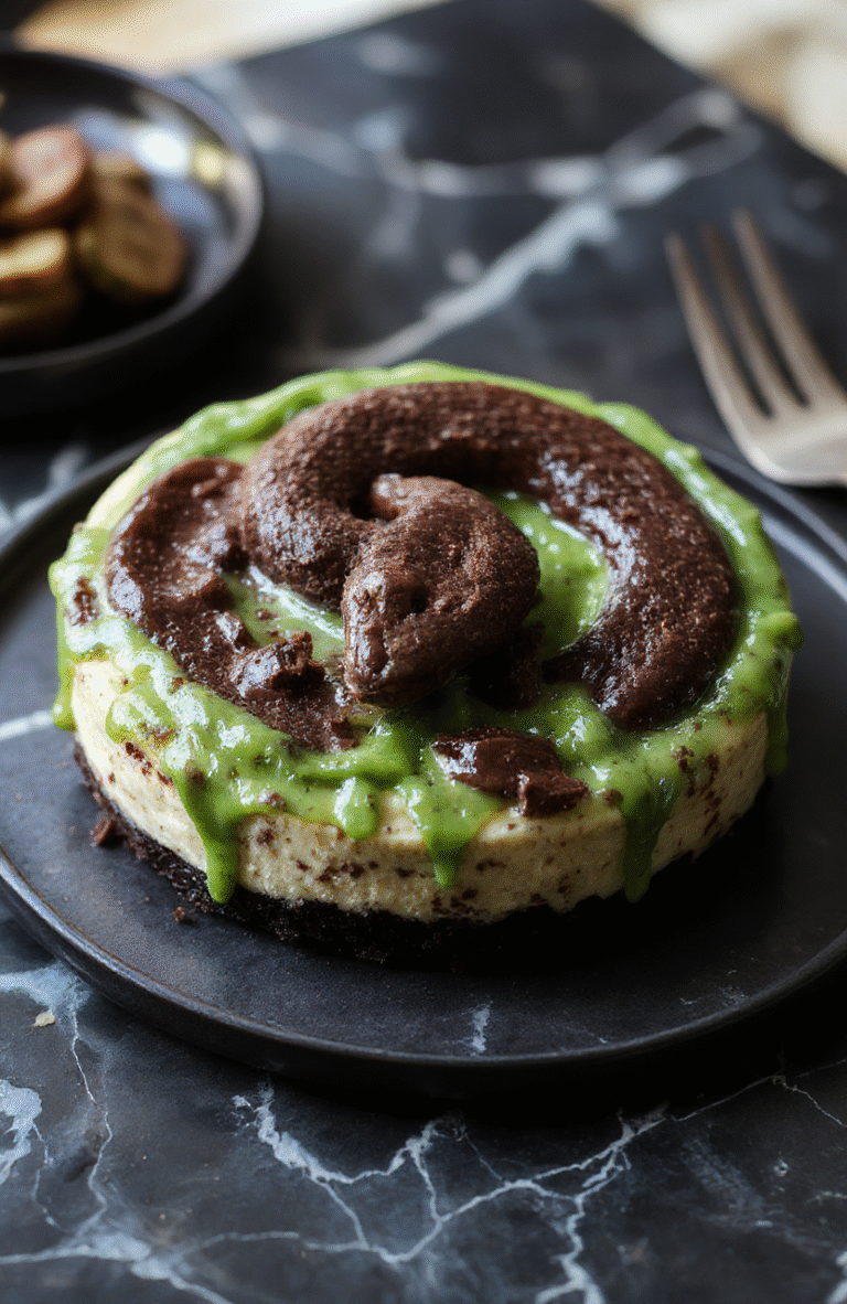 A rich dark chocolate cheesecake topped with a vibrant green mint glaze, garnished with subtle serpent-like swirls, served on a sleek dark plate with a glossy finish, surrounded by emerald green accents and a mystical ambiance reminiscent of Harry Potter's Slytherin house.