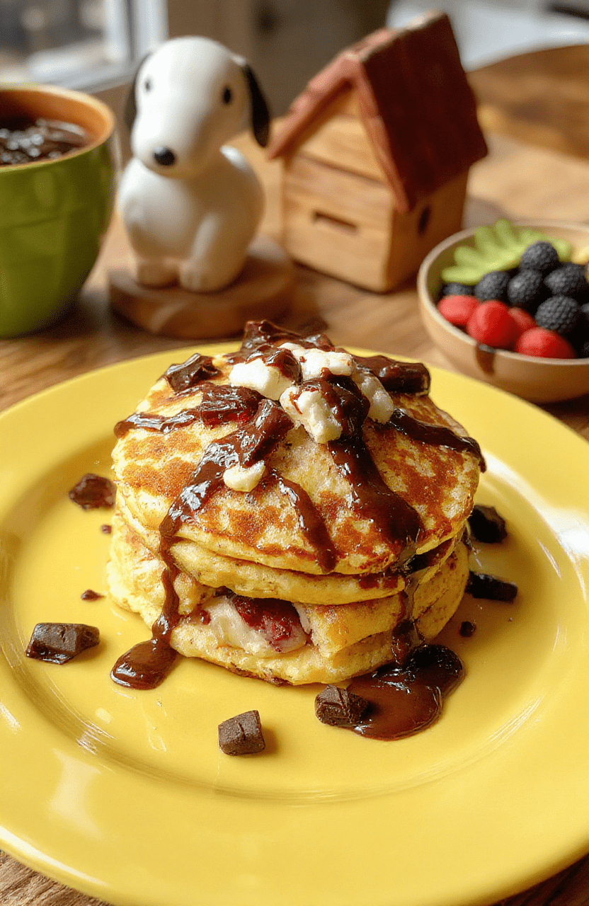 Colorful Snoopy Doghouse pancakes arranged on a vibrant plate, featuring fluffy golden pancakes topped with chocolate and berry accents, styled like Snoopy's iconic doghouse, with playful cartoon-inspired decorations, set against a cheerful breakfast table.