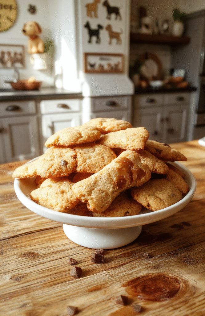 Golden-brown bone-shaped peanut butter cookies with a smooth surface, arranged on a rustic wooden platter. The background features playful dog-themed decorations and a cozy kitchen setting, emphasizing a warm, inviting atmosphere.