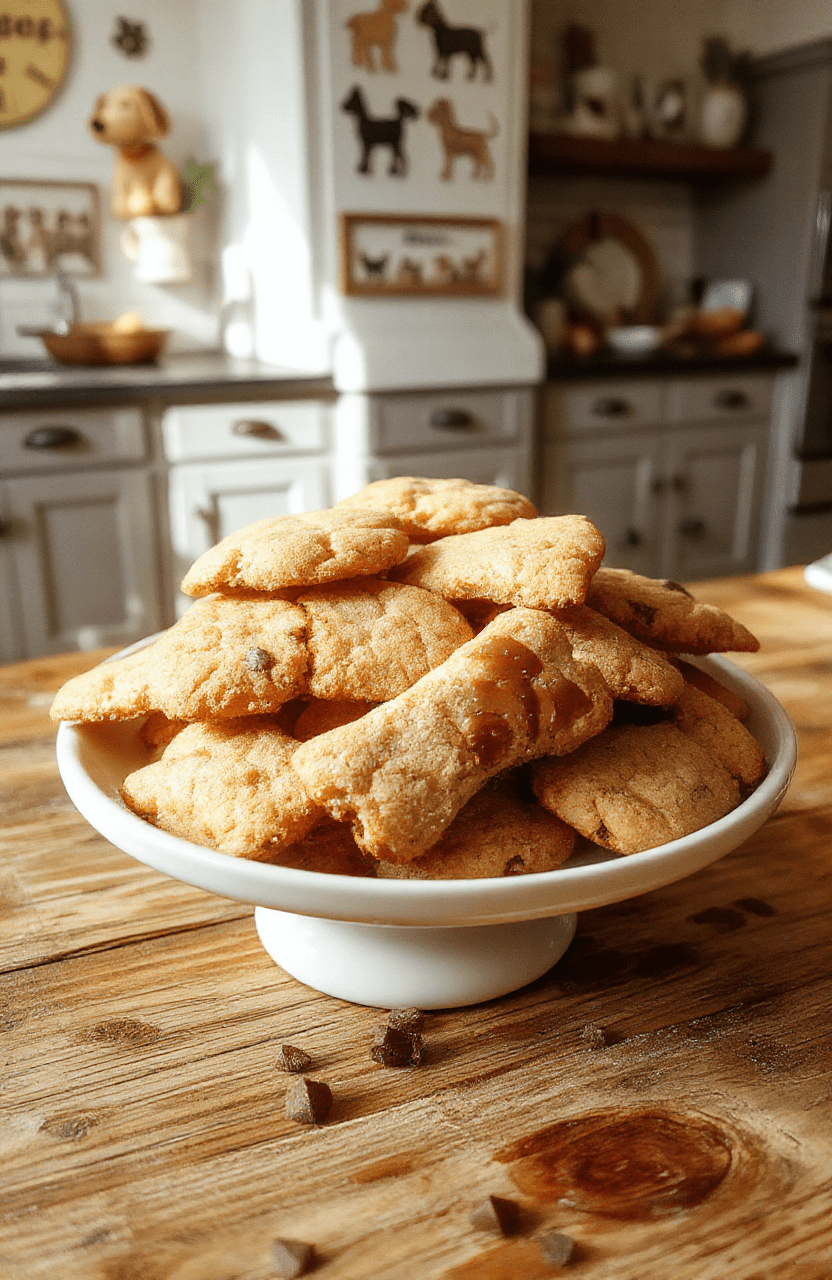 Golden-brown bone-shaped peanut butter cookies with a smooth surface, arranged on a rustic wooden platter. The background features playful dog-themed decorations and a cozy kitchen setting, emphasizing a warm, inviting atmosphere.