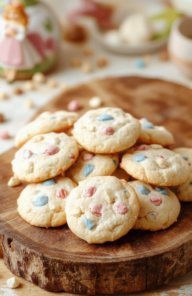 Colorful cluster of jewel-like cookies with shiny glazes and vibrant sprinkles arranged on a rustic wooden platter, styled with fairy tale-themed decorations and soft pastel lighting.