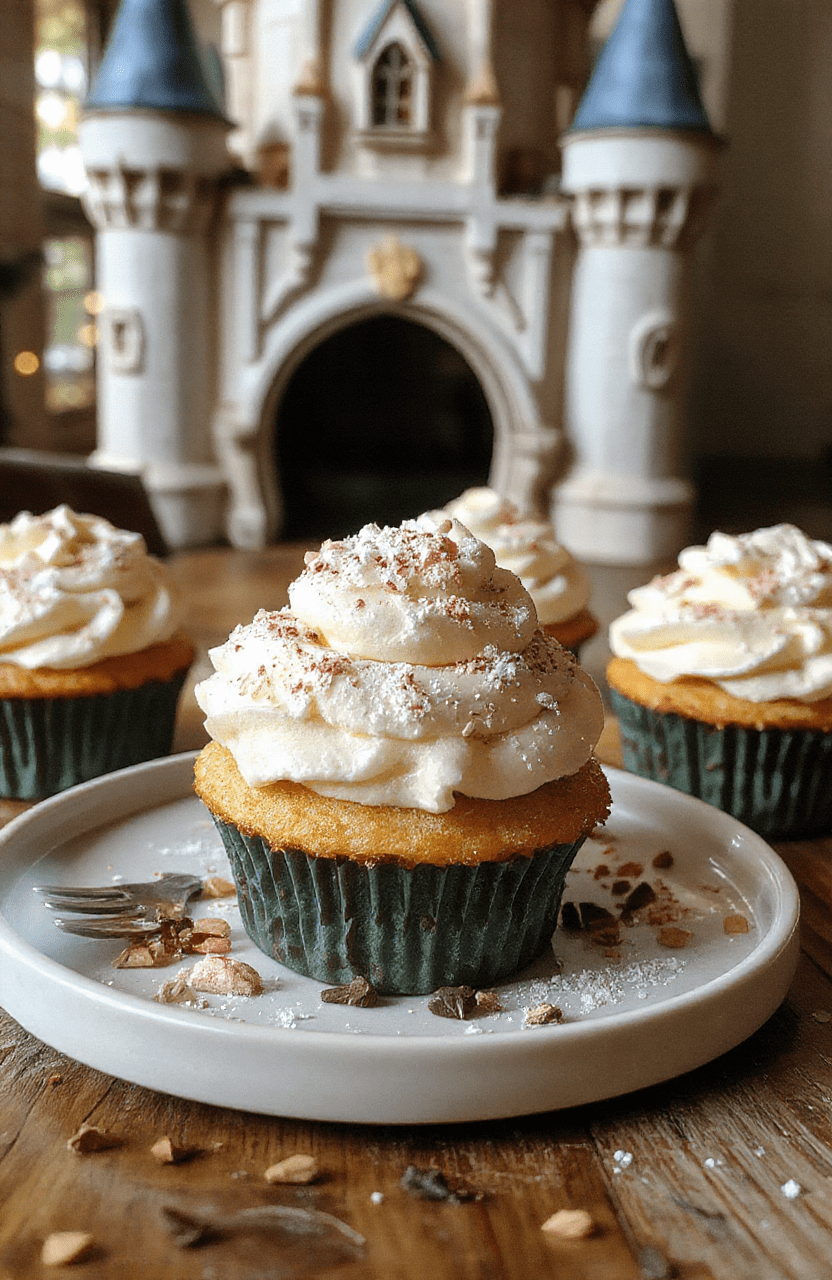 Colorful fairy tale themed cupcakes with shiny mirror glaze, topped with edible silver accents and vibrant blue and white icing, elegantly arranged on a rustic wooden platter with a mystical background.