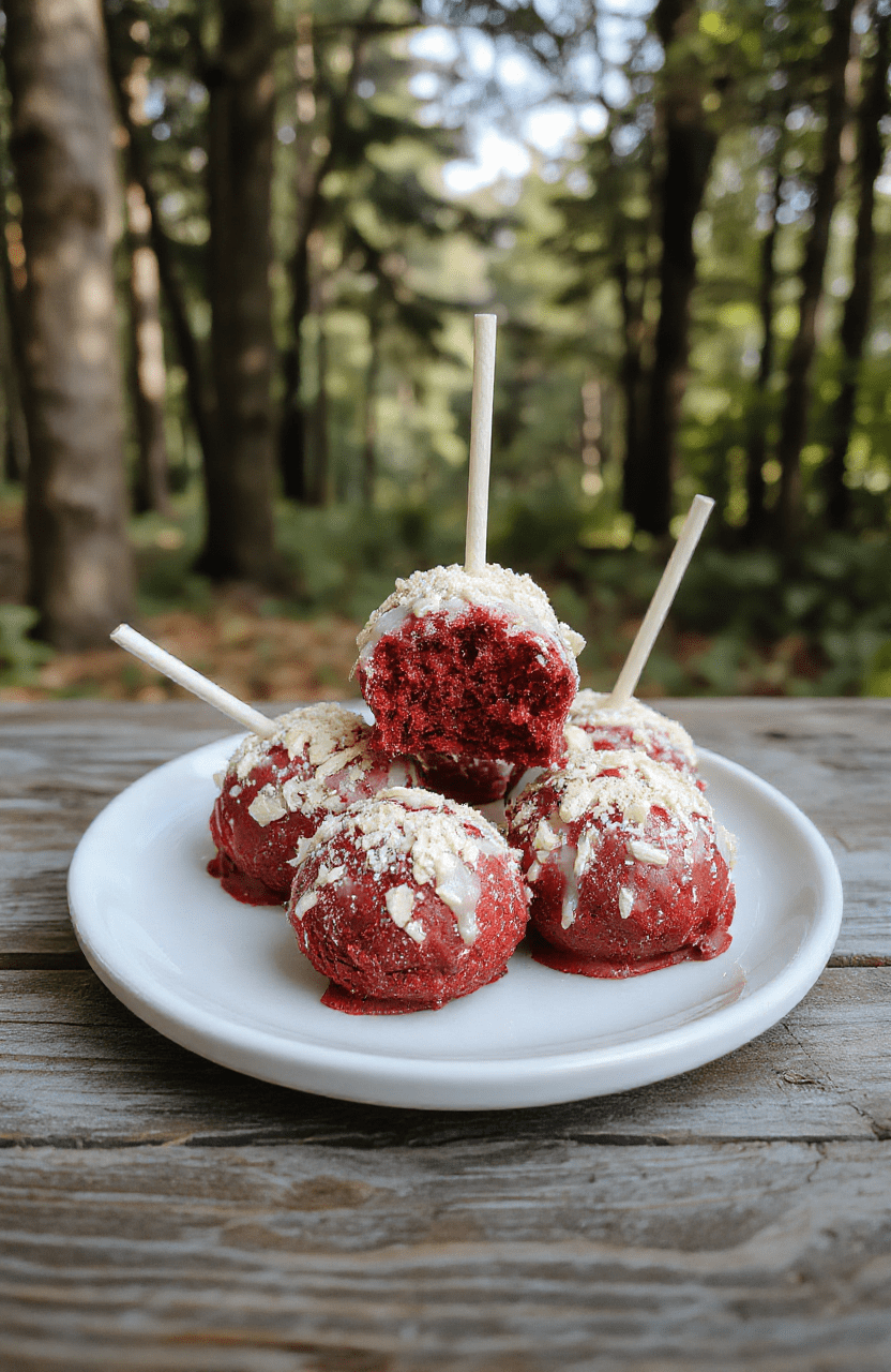 Colorful red velvet cake pops coated with glossy red icing, decorated with green candy leaves and tiny edible pearls, arranged on a white plate with a dark wooden background, styled to resemble poisoned apples from a fairy tale.