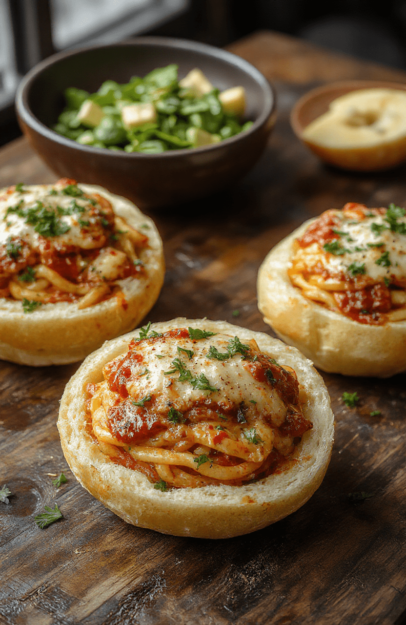 A vibrant plate featuring garlic bread bowls filled with spaghetti, topped with melted cheese, fresh herbs, and cherry tomatoes, contrasting with a rustic wooden table and natural light emphasizing the textures and colors.
