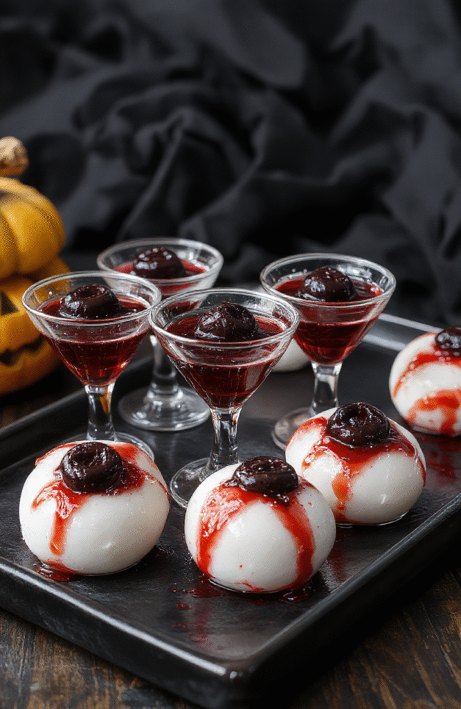 A spooky Halloween scene featuring glistening eyeball gelatin shots arranged on a black tray, with vibrant red and green colors resembling bloody eyes and fresh monster eyeballs, garnished with fake blood and creepy edible accessories, styled in a dark Halloween-themed setting with subtle lighting to enhance the eerie effect.