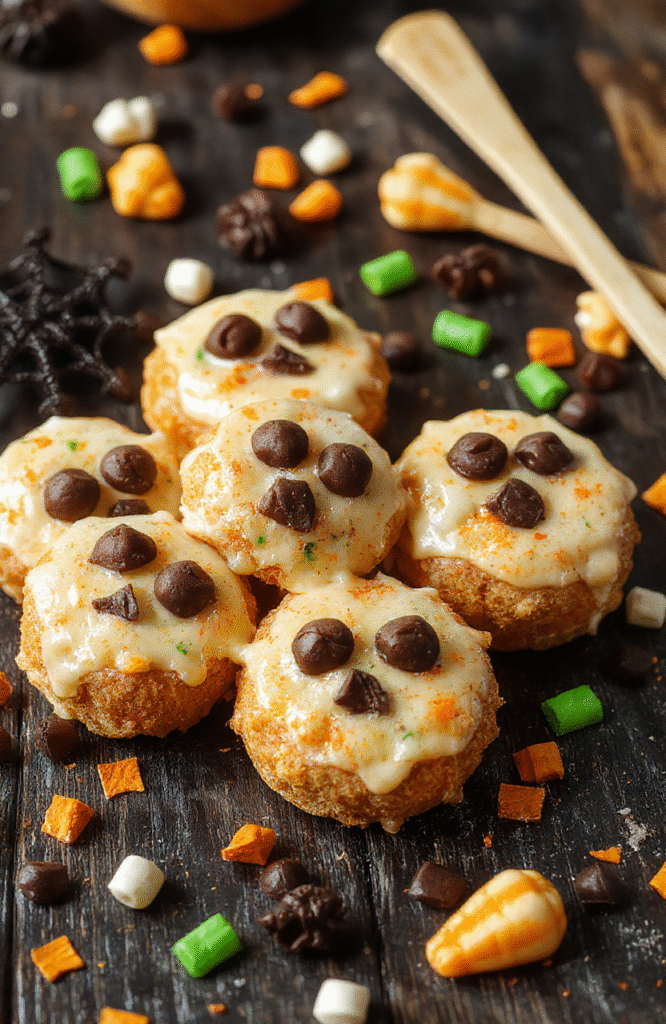 Colorful Halloween-themed treats arranged on a festive platter, featuring creepy candies, spooky cookies, and eerie decorations, with a dark background and playful, holiday costume accents