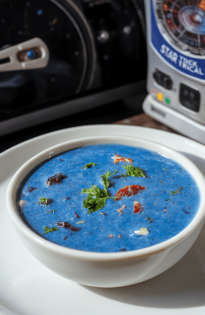 A vibrant, translucent blue bowl of Spocks Logical Blue Plomeek Soup sits on a sleek white plate. The clear blue broth is topped with a delicate garnish of herbs, with a star-shaped crouton floating on the surface. The background features a starry, galaxy-inspired setting with subtle hints of spaceship decor, evoking a futuristic space voyage vibe.