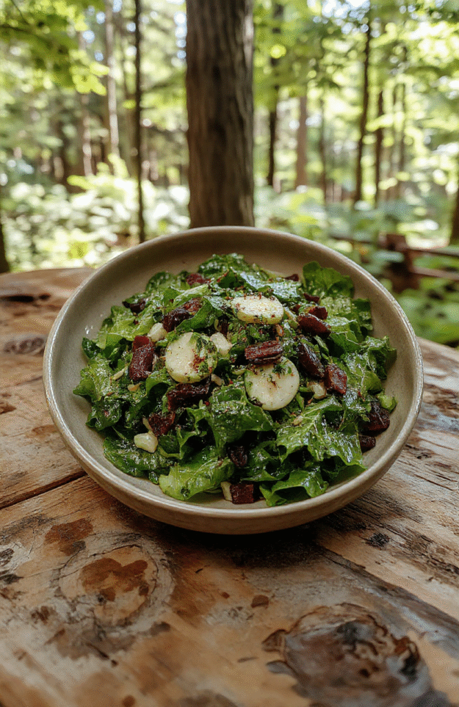 Vibrant green salad in a rustic wooden bowl, featuring fresh leafy greens, cherry tomatoes, sliced cucumbers, and edible flowers, styled with natural light and soft shadows