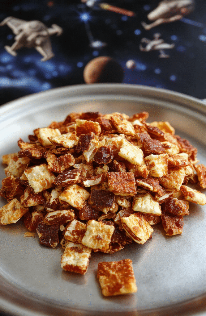 Colorful Jedi-themed trail mix featuring bright green, blue, and purple candies, mixed nuts, and dried fruits arranged in a sci-fi inspired bowl with starry background, styled for a cosmic look, textured surface, and vibrant lighting.