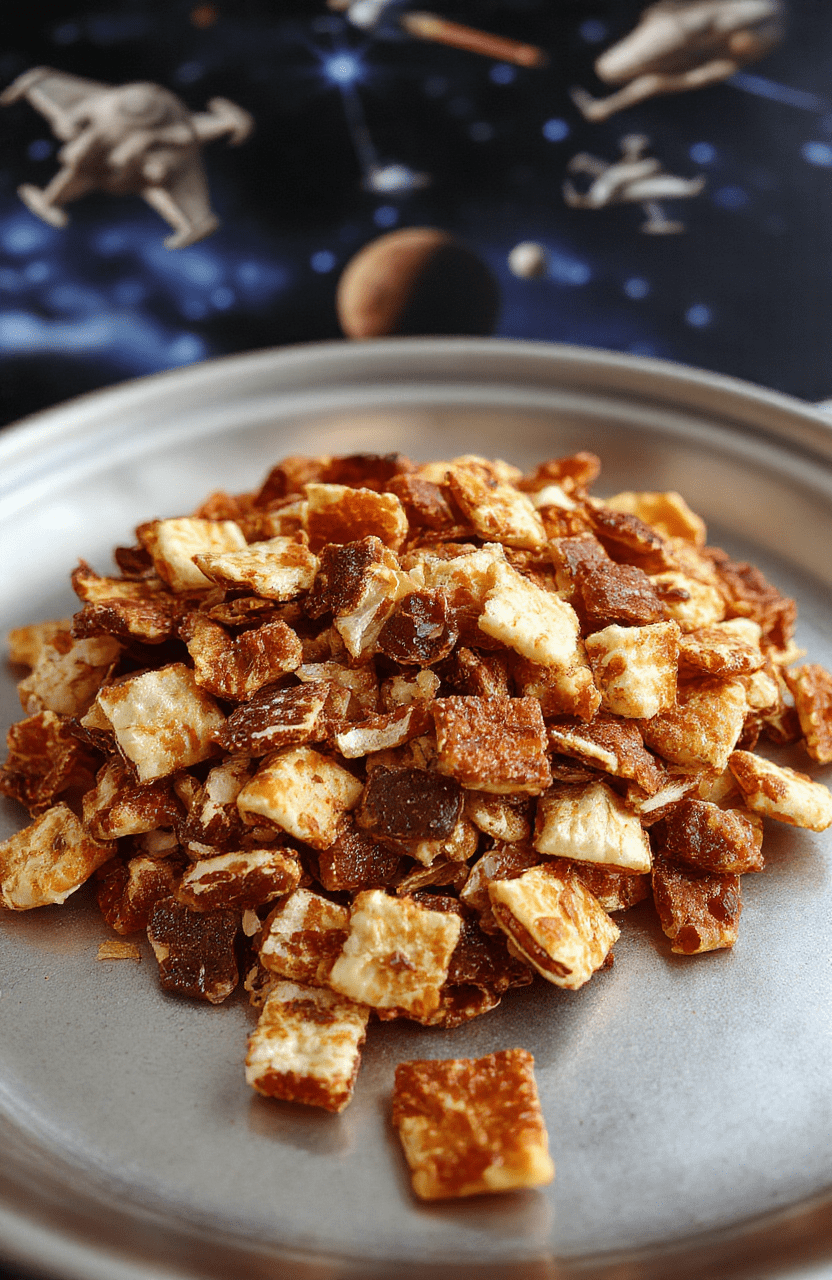 Colorful Jedi-themed trail mix featuring bright green, blue, and purple candies, mixed nuts, and dried fruits arranged in a sci-fi inspired bowl with starry background, styled for a cosmic look, textured surface, and vibrant lighting.