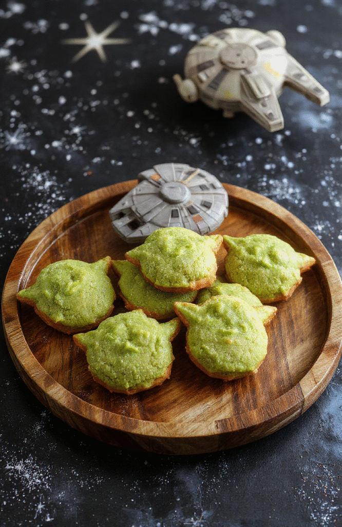 Bright green matcha cookies shaped like Yoda's head with detailed facial features, placed on a rustic wooden plate, with a background of starry night and a miniature Millennium Falcon model, capturing a sci-fi ambiance.