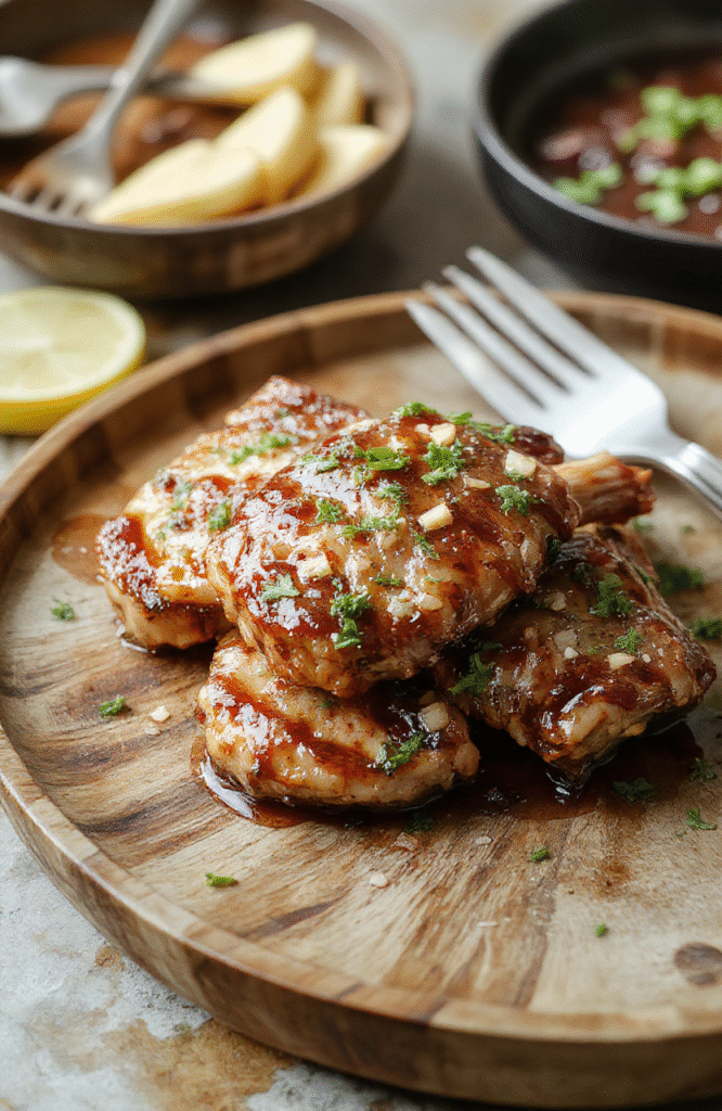 A close-up of golden-brown boneless pork chops glazed with sticky honey garlic sauce, garnished with chopped green onions, on a rustic wooden platter, with a glossy sheen and slightly caramelized edges, surrounded by fresh garlic cloves and honey drizzles, styled simply for an inviting dinner presentation.