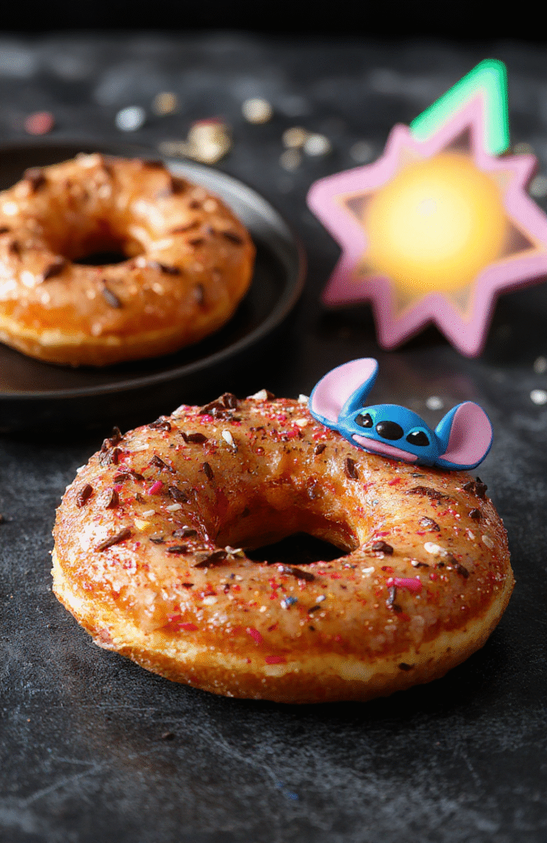 Colorful galaxy-inspired donut rings with shimmering glaze, vibrant sprinkles, and cosmic patterns arranged on a sleek black plate, with a backdrop of starry space elements and futuristic decor.