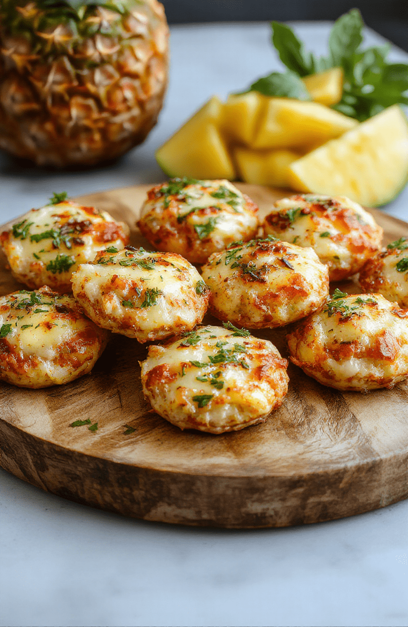 Colorful Hawaiian pineapple pizza bites with golden crispy crust, topped with melted cheese, pineapple chunks, and bits of ham, arranged on a rustic wooden platter with fresh herbs, vibrant and inviting for a casual snack.