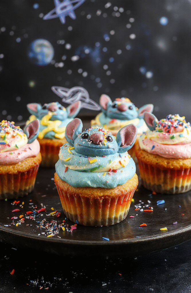 Colorful Stitch Space Adventure Cupcakes arranged on a cosmic-themed plate, topped with vibrant blue and green icing resembling alien landscapes, sprinkled with edible glitter, with a backdrop of a starry night sky illustration