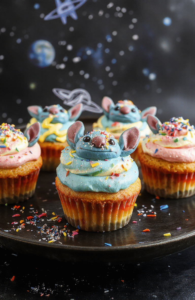 Colorful Stitch Space Adventure Cupcakes arranged on a cosmic-themed plate, topped with vibrant blue and green icing resembling alien landscapes, sprinkled with edible glitter, with a backdrop of a starry night sky illustration