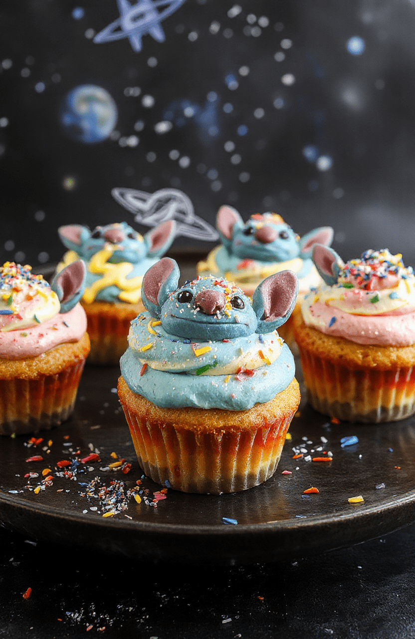 Colorful Stitch Space Adventure Cupcakes arranged on a cosmic-themed plate, topped with vibrant blue and green icing resembling alien landscapes, sprinkled with edible glitter, with a backdrop of a starry night sky illustration