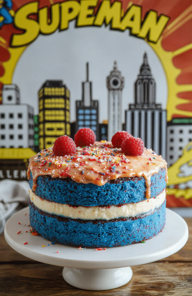 Vivid blue and white layers of a Superman Metropolis Blue Raspberry Layer Cake, frosted smoothly with vibrant blue raspberry icing, topped with shiny raspberry glaze and colorful sprinkles, elegantly layered on a white cake stand with a superhero backdrop.