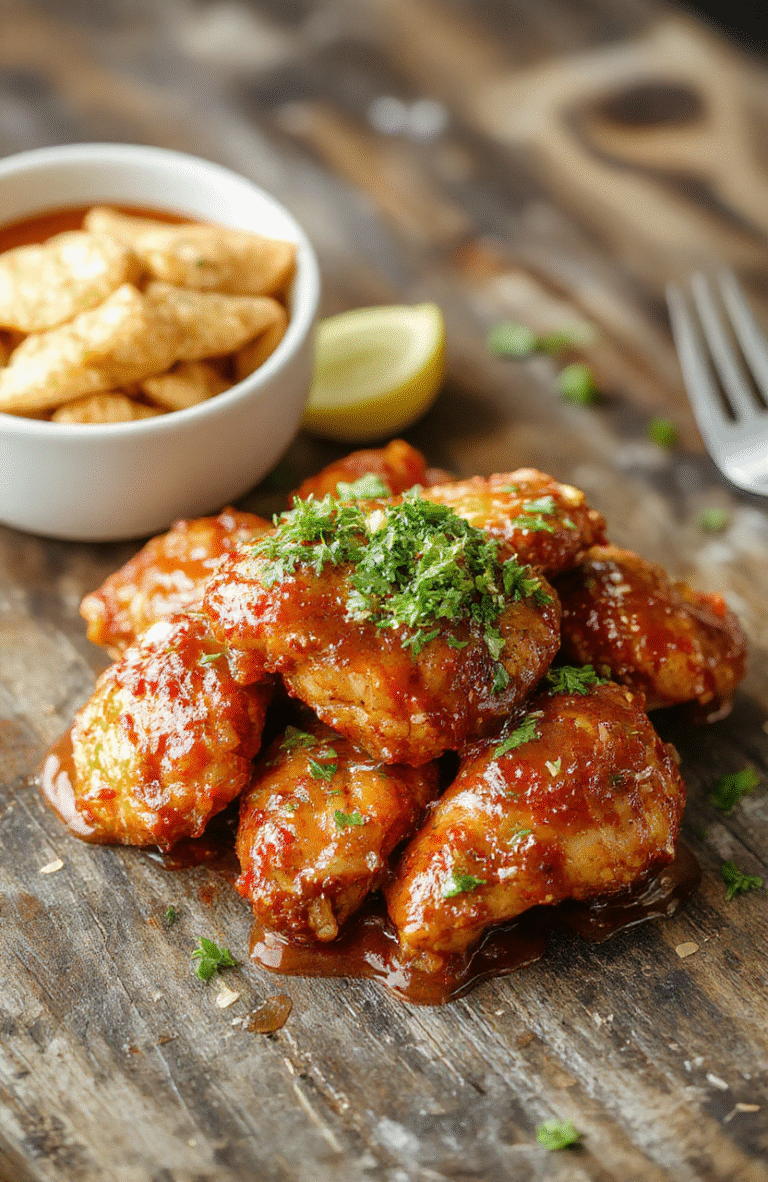 A vibrant plate of sweet chili chicken featuring crispy glazed chicken bites coated in glossy sweet chili sauce, garnished with fresh green herbs, served on a white ceramic plate with colorful vegetable sides, with a rustic wooden background, textures of crispy chicken and smooth sauce highlighted.