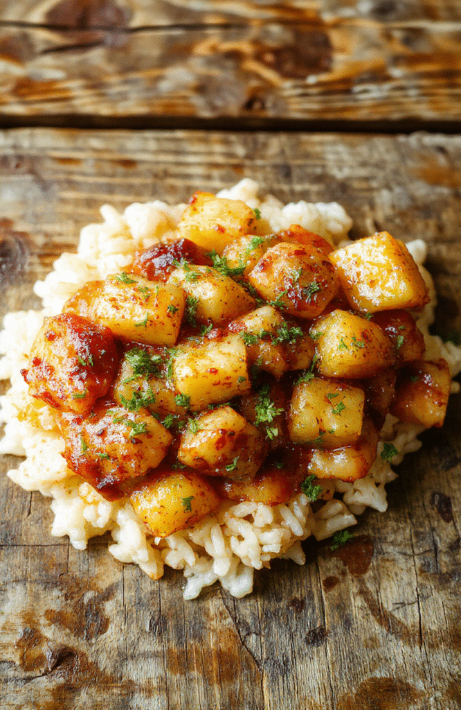 A vibrant plate featuring juicy pineapple chunks, tender chicken pieces, and fluffy white rice topped with green herbs, served on a rustic wooden table with natural daylight highlighting the glossy sauce and colorful ingredients.