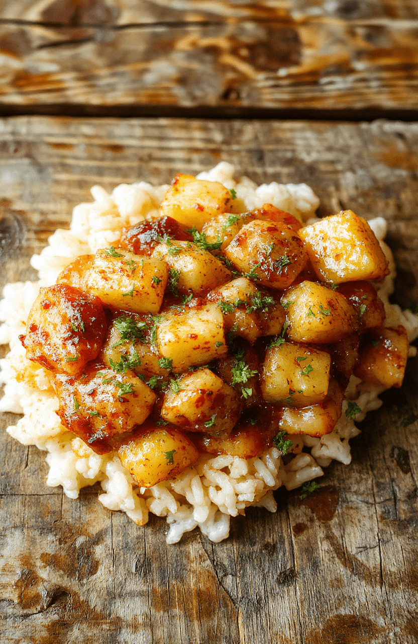 A vibrant plate featuring juicy pineapple chunks, tender chicken pieces, and fluffy white rice topped with green herbs, served on a rustic wooden table with natural daylight highlighting the glossy sauce and colorful ingredients.