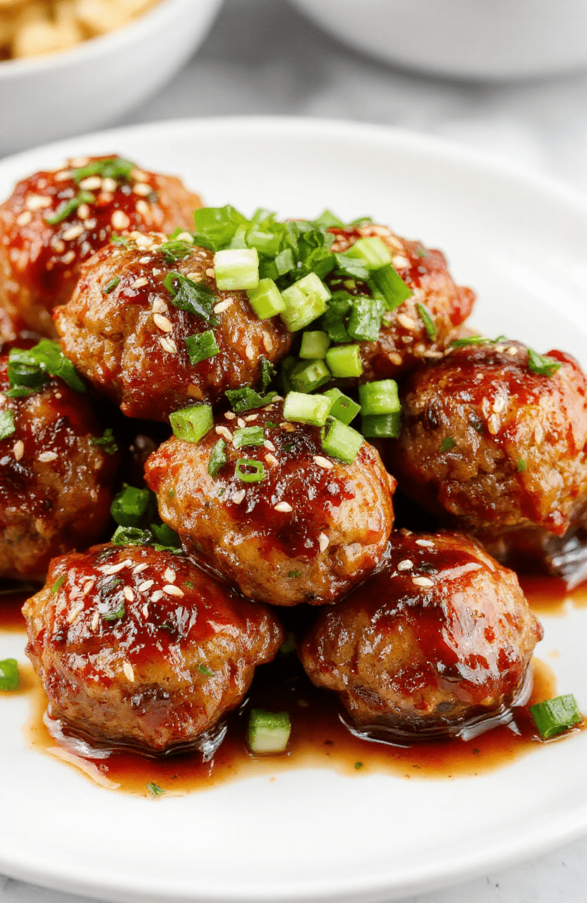 A vibrant plate of glossy, golden-brown Asian turkey meatballs drizzled with a sweet and spicy glaze, garnished with chopped green onions and sesame seeds, styled on a clean white plate with colorful Asian-inspired sauces and fresh herbs, set against a neutral textured background.