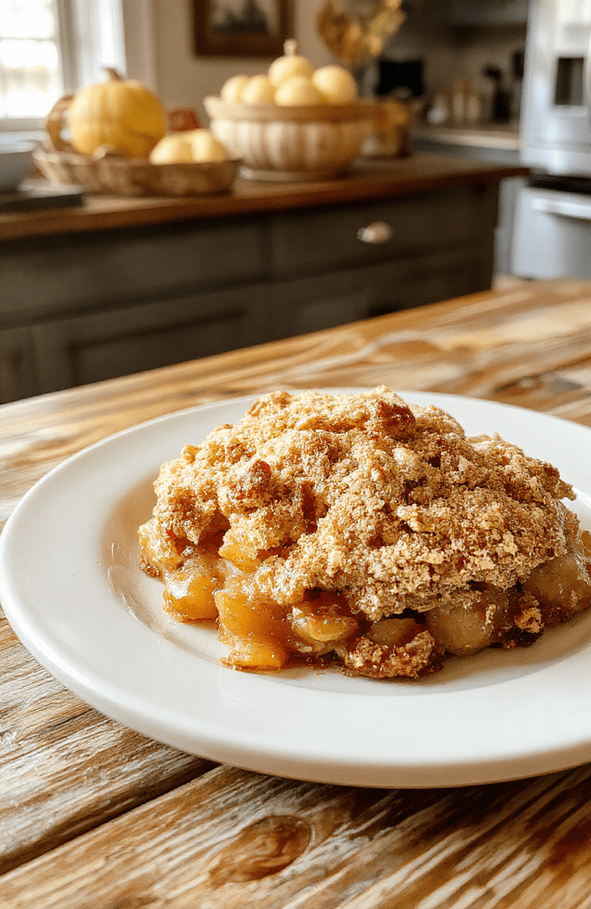 A rustic apple crumble topped with golden, crunchy oats and warm cinnamon, served in a clear glass dish with caramelized apple slices visible beneath the crisp topping, styled on a wooden board with a cozy, autumnal background.