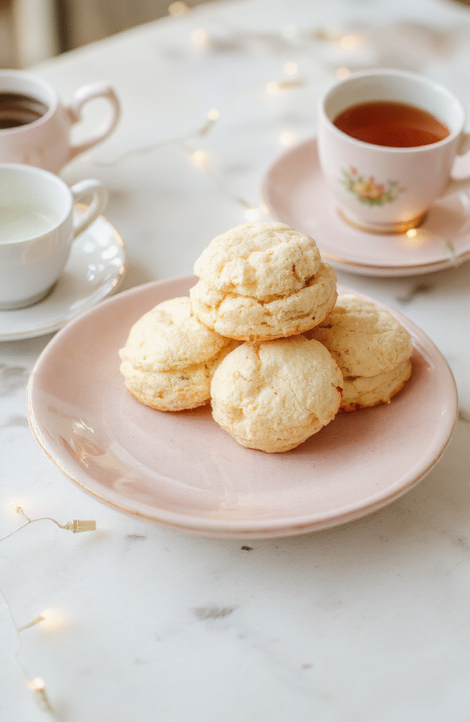 A delicate plate of golden-brown Tea Biscuits with a hint of floral garnish on a pastel-colored table, softly lit, with a vintage teacup nearby, evoking a whimsical, enchanted atmosphere.