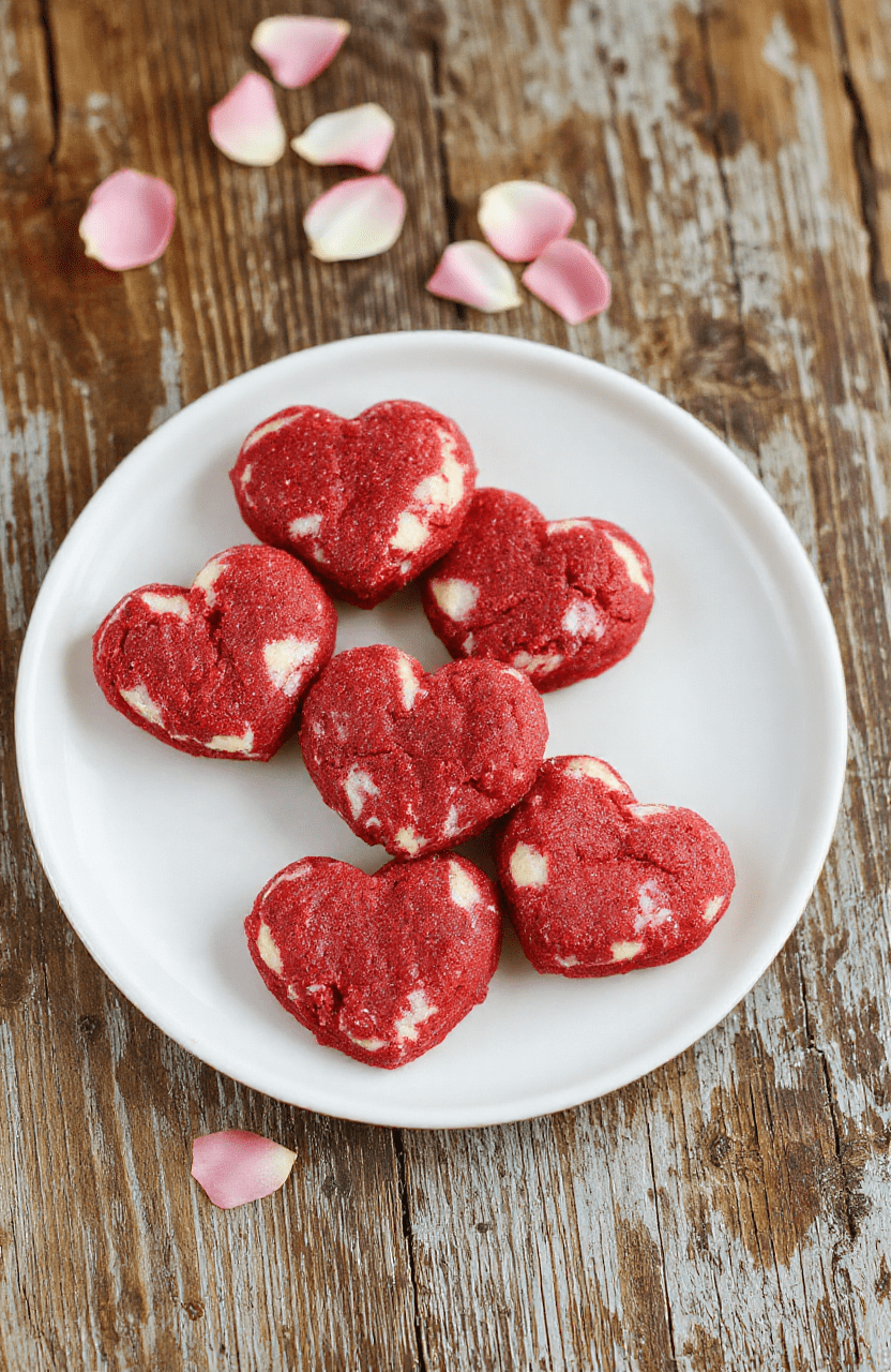 Close-up of vibrant red velvet heart-shaped cookies with smooth icing and delicate decorative accents, arranged on a sleek white plate, with soft pastel background and subtle natural lighting highlighting the velvety texture and glossy finish.