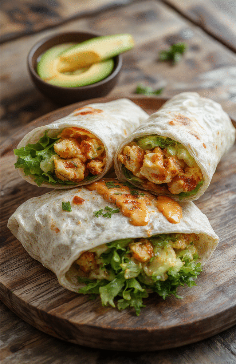 Colorful Thai peanut chicken wraps arranged on a rustic plate with visible fresh ingredients like shredded chicken, crunchy vegetables, and creamy peanut sauce, styled with chopped herbs and lime wedges, with a vibrant backdrop emphasizing contrast and freshness.