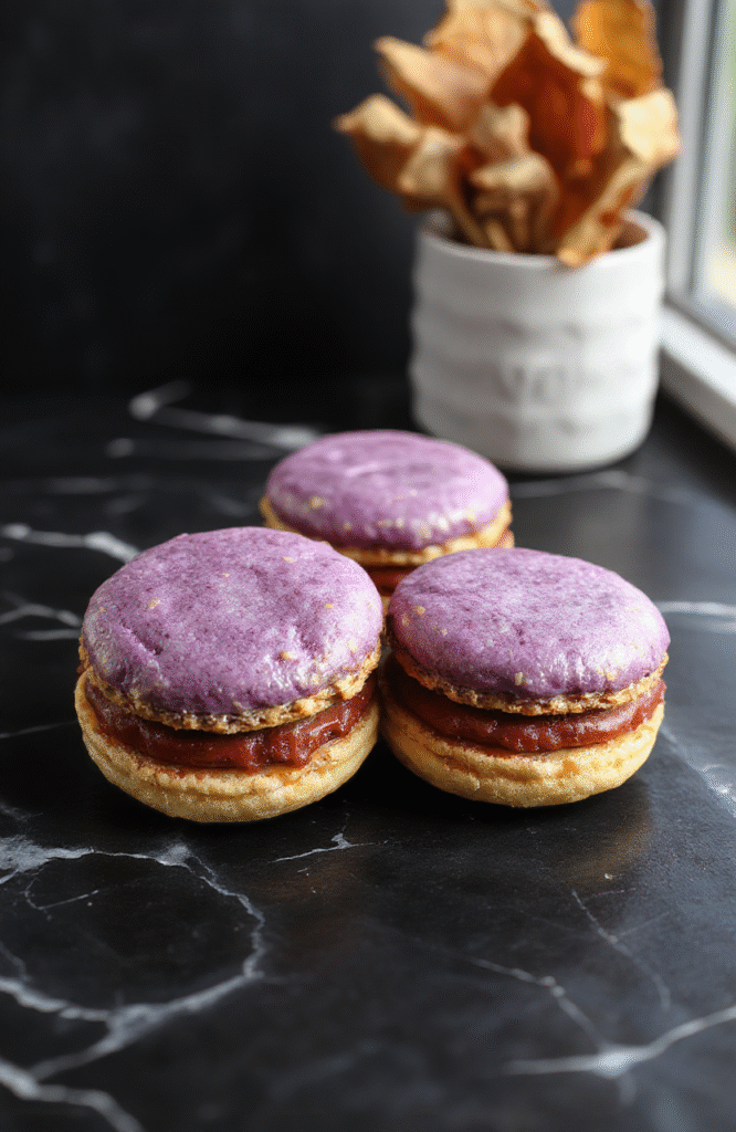 Colorful galaxy-inspired macarons arranged on a sleek dark plate, featuring shimmering metallic edible paints and vibrant swirling patterns reminiscent of cosmic nebulae, with a blurred superhero comic book background, looking glossy and delicate.