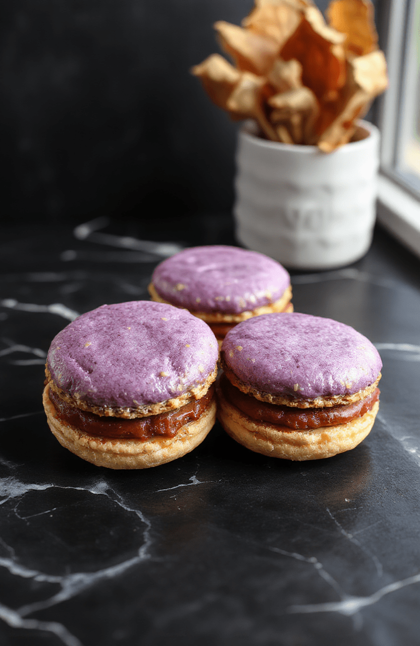 Colorful galaxy-inspired macarons arranged on a sleek dark plate, featuring shimmering metallic edible paints and vibrant swirling patterns reminiscent of cosmic nebulae, with a blurred superhero comic book background, looking glossy and delicate.