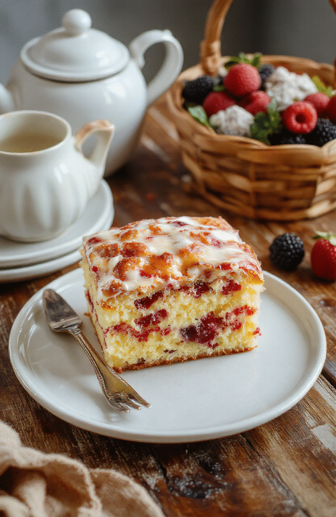 A beautifully layered Victoria sponge cake with golden-brown crust, filled with vibrant red strawberry jam and luscious cream, elegantly presented on a rustic wooden board, with a light dusting of powdered sugar and fresh berries on the side.