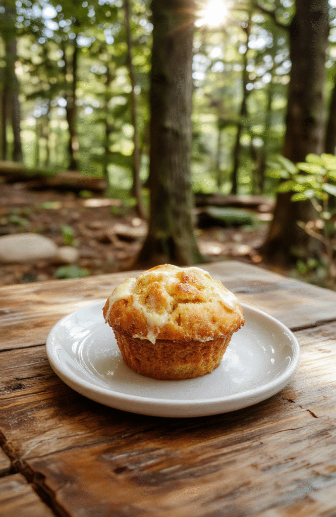 Colorful golden-brown Hobbit-style lembas muffins arranged on a rustic wooden plate with greenery and fairy lights in the background, showcasing their fluffy texture and crumbly exterior, styled in a whimsical fantasy setting.