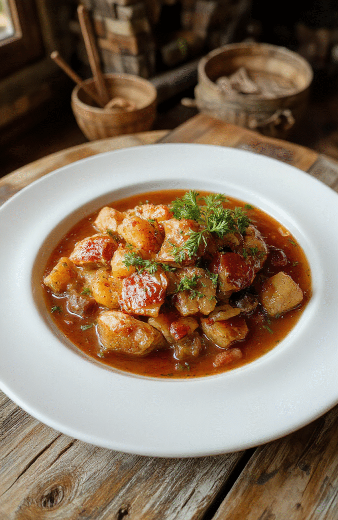 A hearty Hobbit-style harvest stew served in a rustic wooden bowl, filled with colorful root vegetables, tender chunks of meat, topped with fresh herbs, on a wooden table with a cozy, fantasy-inspired background.