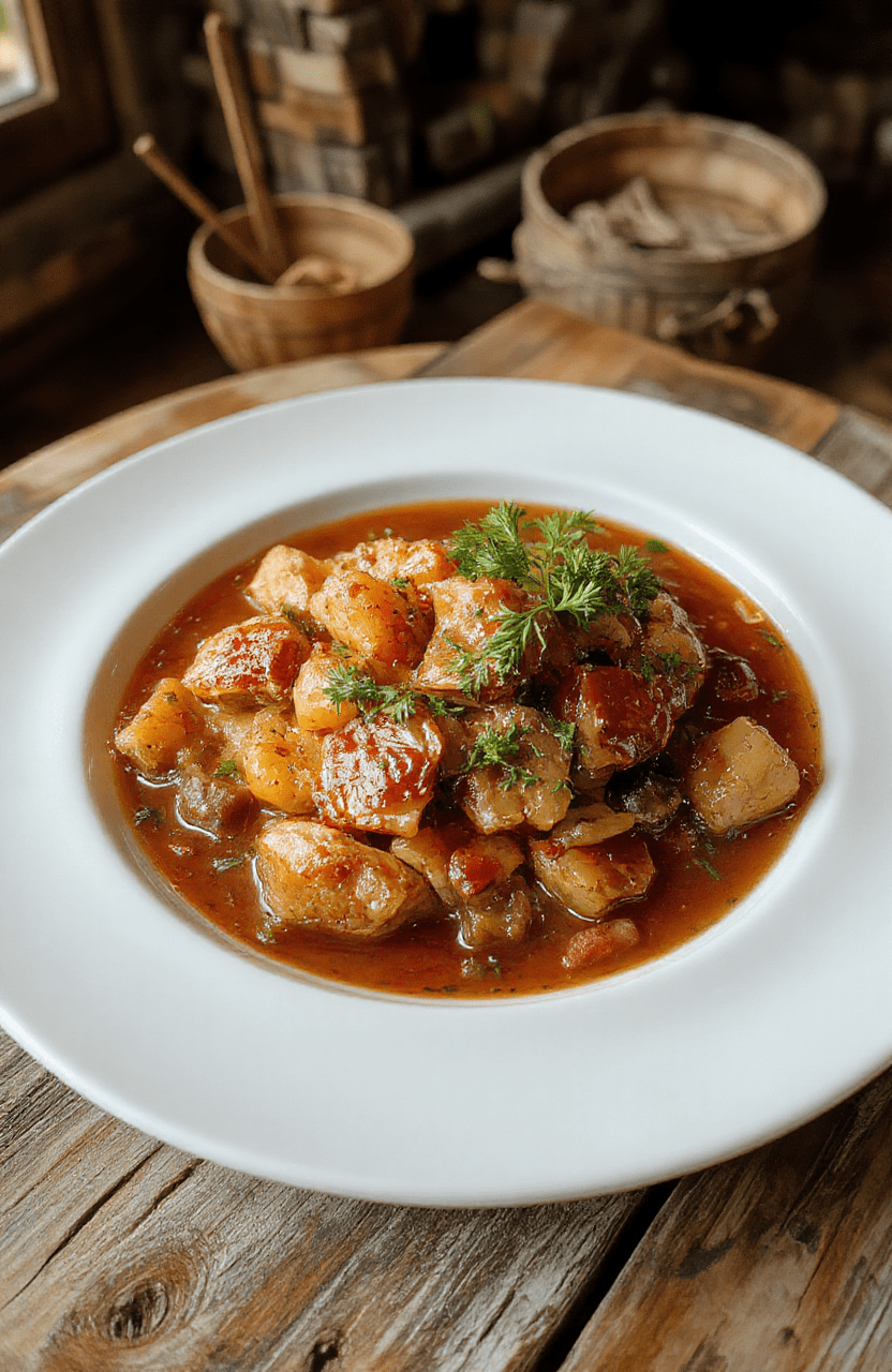 A hearty Hobbit-style harvest stew served in a rustic wooden bowl, filled with colorful root vegetables, tender chunks of meat, topped with fresh herbs, on a wooden table with a cozy, fantasy-inspired background.