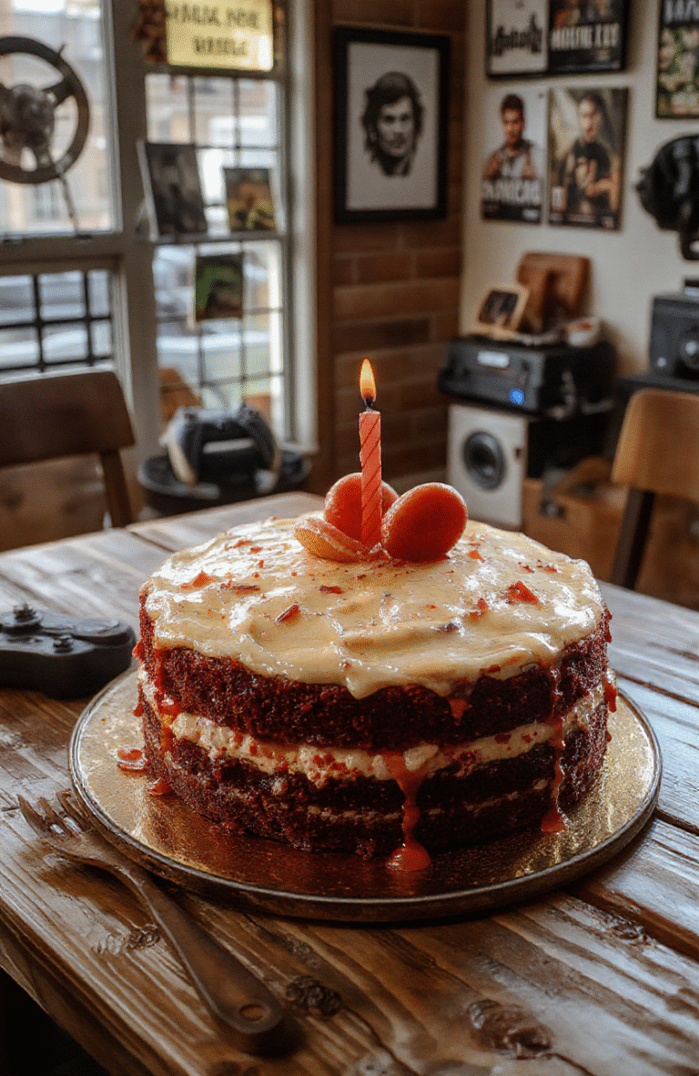 A vibrant, multi-layered Ellie themed birthday cake inspired by The Last of Us Part II. The cake features detailed fondant decorations resembling Ellie’s backpack, guitar, and graffiti art. Bright colors dominate with a rugged, artistic finish, and the cake is placed on a rustic wooden table with scattered gaming memorabilia. Soft natural light enhances the textures of fondant and frosting, creating an inviting celebratory scene.