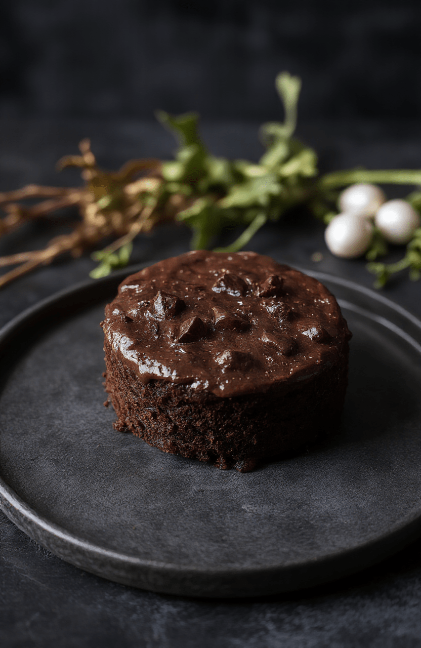 Deep, glossy dark chocolate cake with smooth, velvety frosting, topped with dark chocolate shavings and a glossy ganache drizzle. Plated on a dark matte surface with subtle ocean-inspired accents, styled with a mysterious, undersea ambiance.