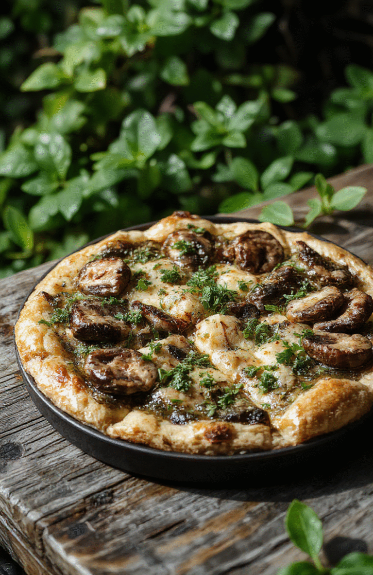 A beautifully crafted mushroom tart with golden-brown crust, topped with sautéed wild mushrooms and fresh herbs, served on a rustic wooden board, with vibrant green garnishes and a hint of misty forest ambiance in the background