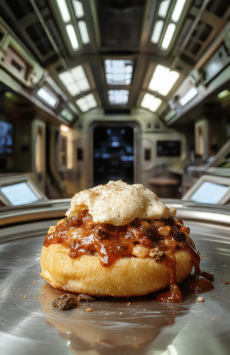 Colorful Martian Potato Cakes arranged on a metallic plate with a background resembling a spaceship interior, featuring reddish-orange hues and textured crispy surfaces, garnished with green herbs, styled to evoke a science fiction setting with futuristic elements.