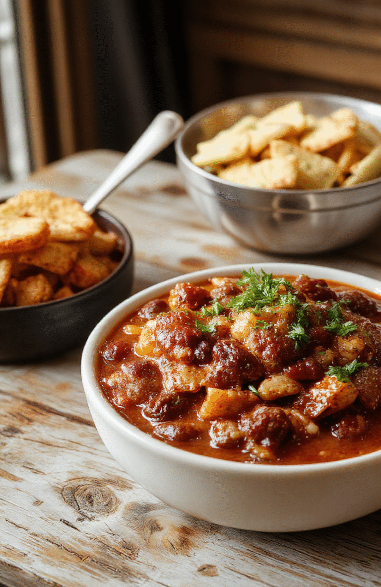 A vibrant bowl of hearty chili featuring chunks of beef, beans, and colorful bell peppers, topped with shredded cheese and fresh herbs, served in a rustic white bowl on a wooden table, with a spoon ready for tasting, styled casually with a warm, inviting atmosphere.