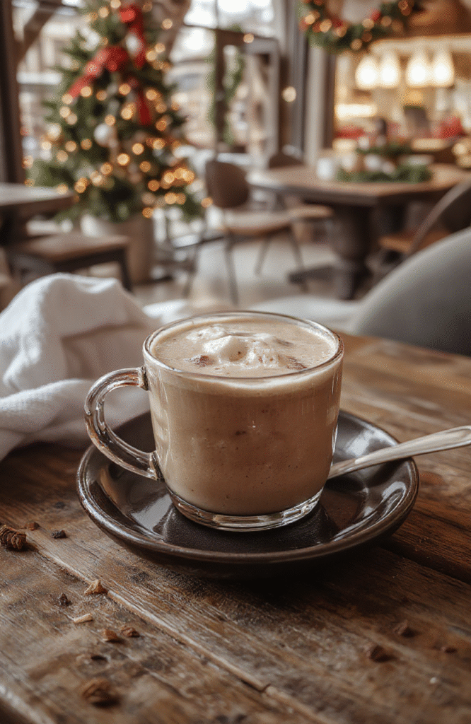 A steaming cup of rich, frothy hot chocolate topped with whipped cream and chocolate shavings, served on a rustic wooden table with festive holiday decorations in the background.