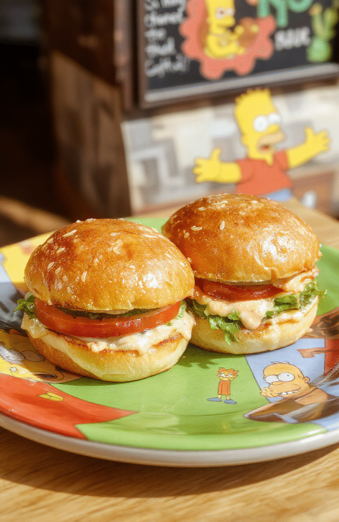 Colorful Krusty Burger Sliders on a vibrant cartoon-themed plate, featuring glossy buns, melting cheese, lettuce, and tomato slices, styled with a fun animated vibe and whimsical presentation