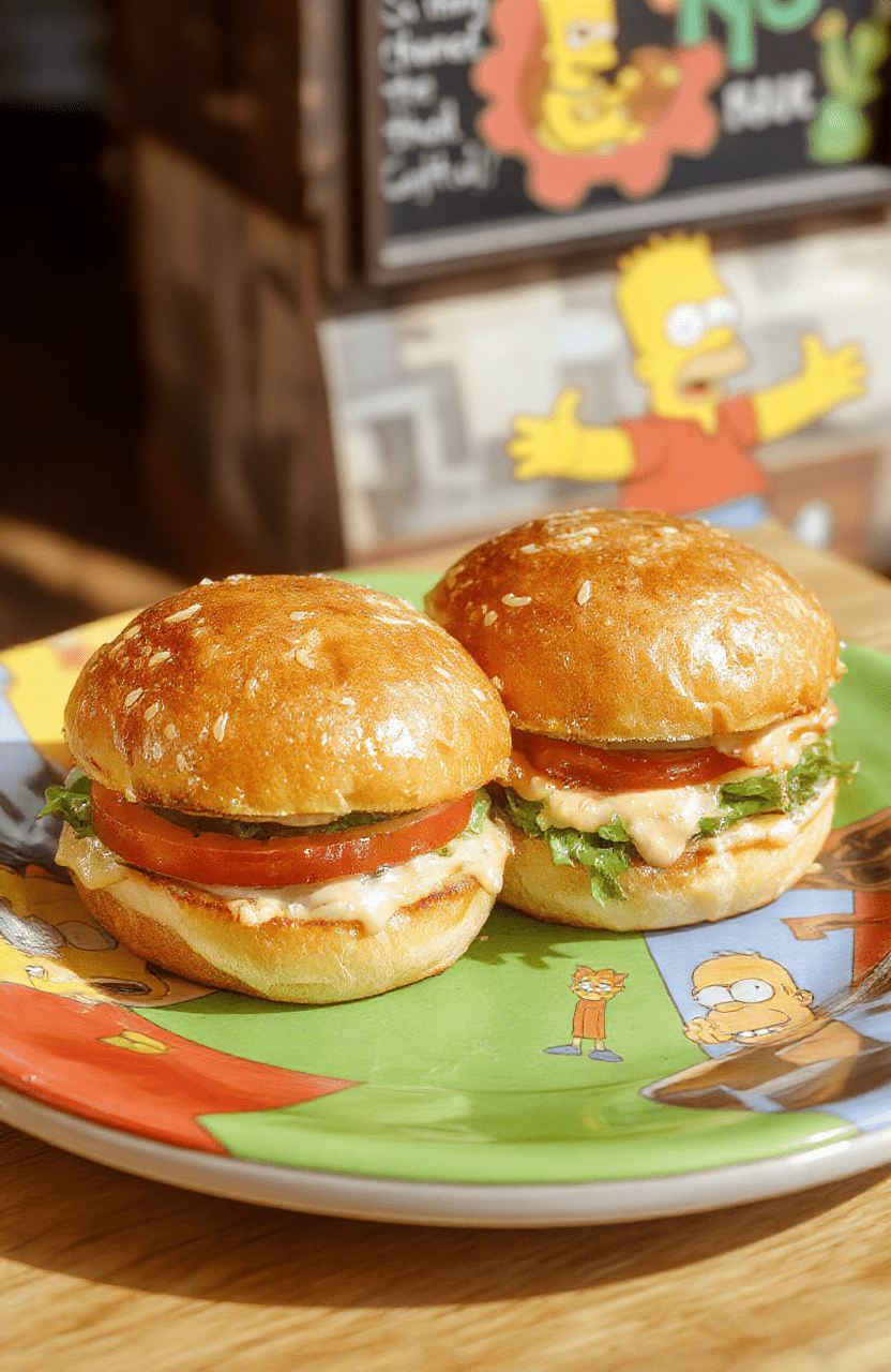 Colorful Krusty Burger Sliders on a vibrant cartoon-themed plate, featuring glossy buns, melting cheese, lettuce, and tomato slices, styled with a fun animated vibe and whimsical presentation