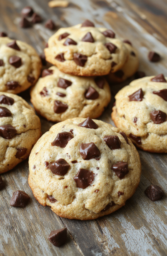 A close-up of a stack of chewy chocolate chip cookies on a rustic wooden table, golden-brown with melted chocolate chips visible, flaky texture, styled with a few scattered chocolate chunks and a glass of milk in the background.