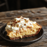 A slice of Root Beer Float Pie with a swirl of Butterbeer whipped cream on top, garnished with caramel drizzle and a cherry, set on a rustic wooden table with a vintage soda fountain background
