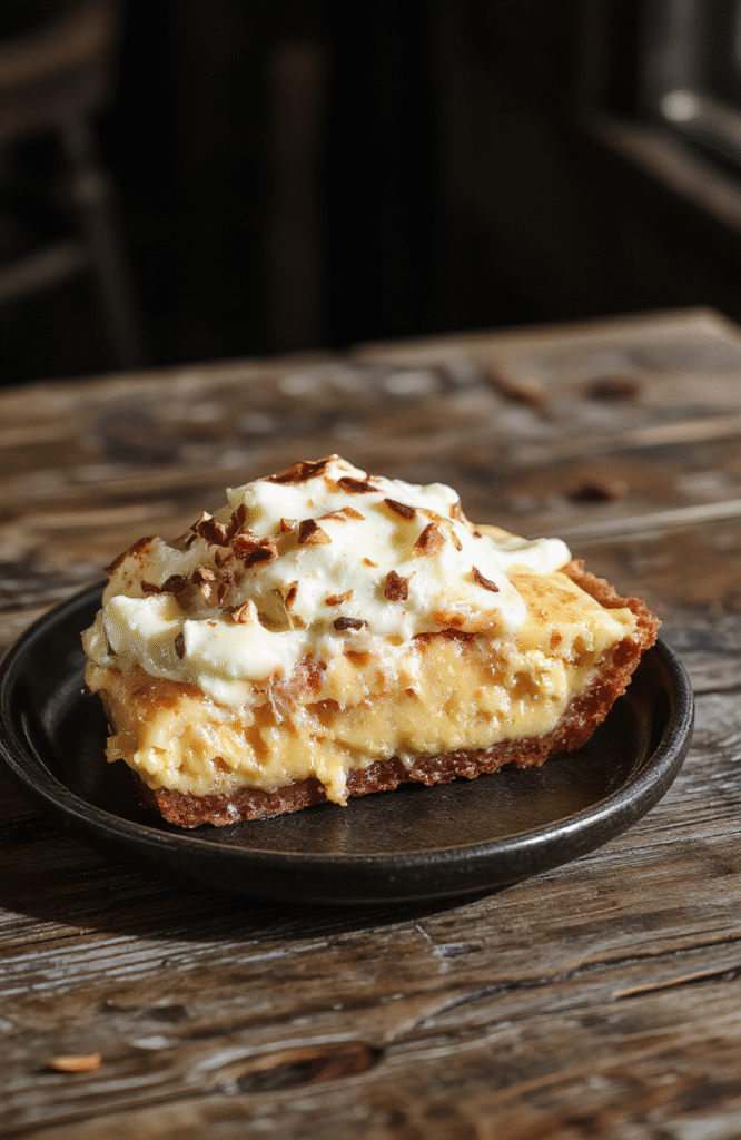 A slice of Root Beer Float Pie with a swirl of Butterbeer whipped cream on top, garnished with caramel drizzle and a cherry, set on a rustic wooden table with a vintage soda fountain background