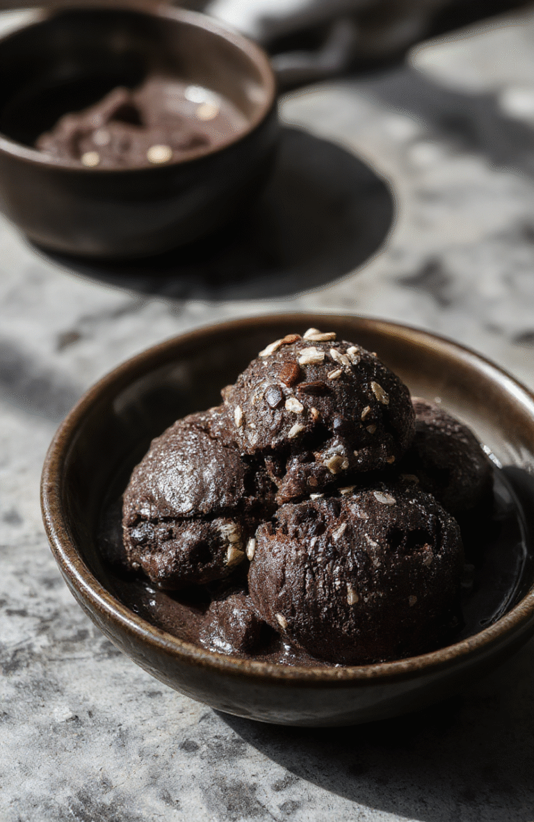 A bowl of rich, dark black sesame ice cream garnished with a sprinkle of toasted sesame seeds on a sleek black plate, with a rustic wooden background and subtle natural lighting highlighting its creamy texture and glossy finish.